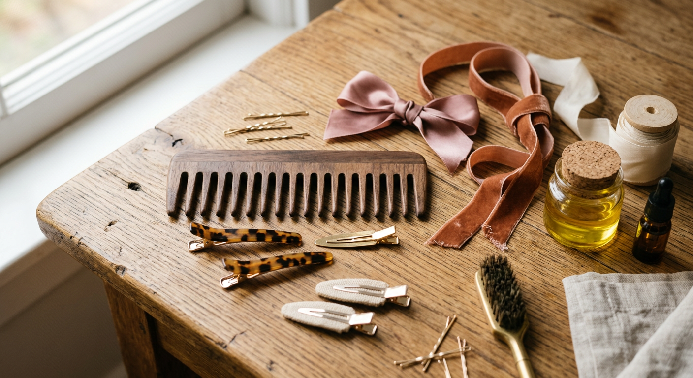 Hair combs, clips and ribbons arranged on a wooden surface